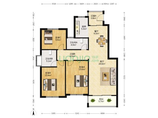 清风阁西区 3室2厅2卫 131平方