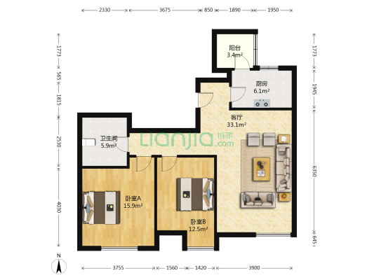 格调艺术领地 2室1厅1卫 104平方