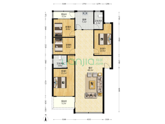 东江花园 4室1厅2卫 133平方