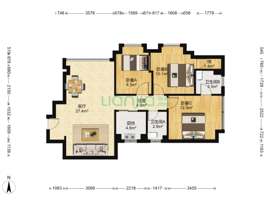 景隆大厦 3室1厅2卫 106平方