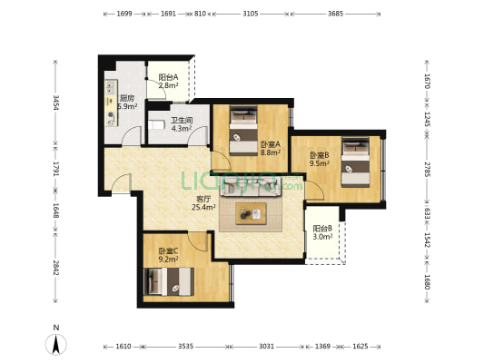 望山国际 3室1厅1卫 85平方