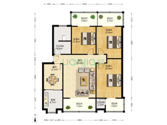 紫东楼段168号 3室2厅2卫 126平方