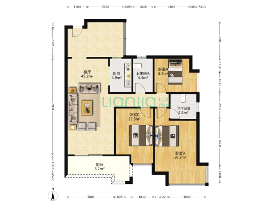 汇园国际一期 3室1厅2卫 117平方