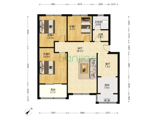 路桥公寓 3室2厅1卫 105平方