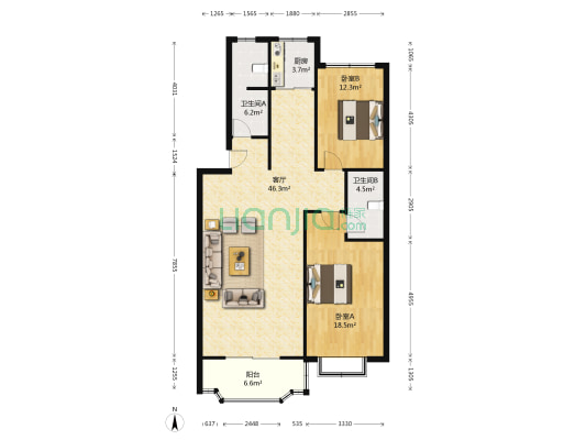 三才小区 2室1厅2卫 123平方