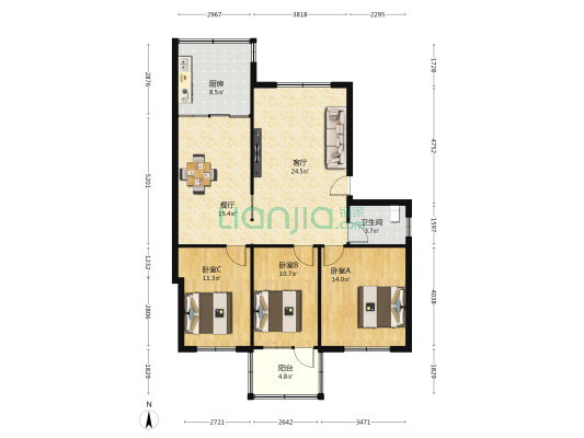 中心医院宿舍楼 3室2厅1卫 113平方