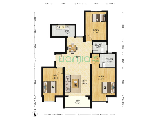 山韵佳苑D区 3室1厅2卫 129平方