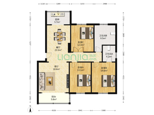 西海花园 3室2厅2卫 129平方