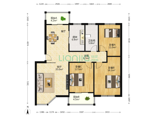 东方米兰小区 3室1厅1卫 129平方