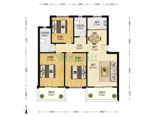 三航公寓 3室2厅2卫 102平方