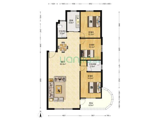 富国小区 3室1厅2卫 128平方
