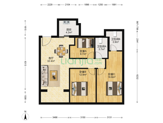宏悦景园 3室1厅2卫 94平方