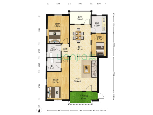 珠江西路 3室2厅2卫 117平方