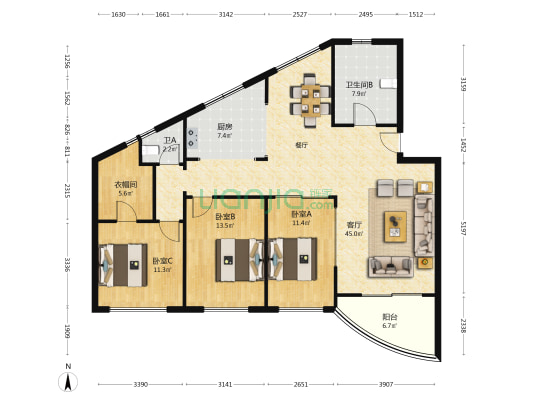 金浦苑 3室1厅2卫 130平方