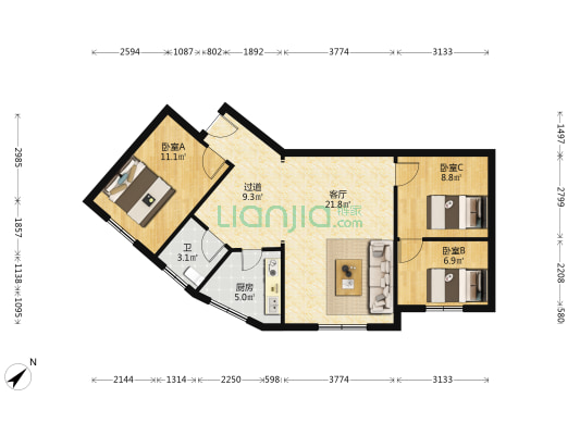 滨江花园 3室1厅1卫 82平方