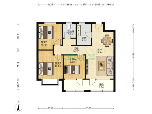 海尔云世界滟澜公馆花园二区 3室1厅1卫 104平方