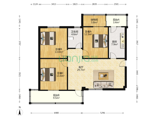 繁景花园 3室1厅1卫 115平方