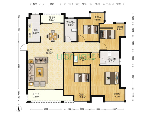 宏泰世纪滨江 4室1厅2卫 159平方