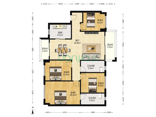西南上城博士府 4室1厅2卫 129平方