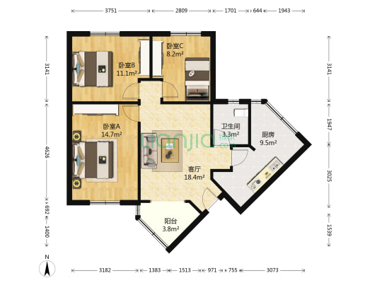 航天北路丁区 3室1厅1卫 81平方