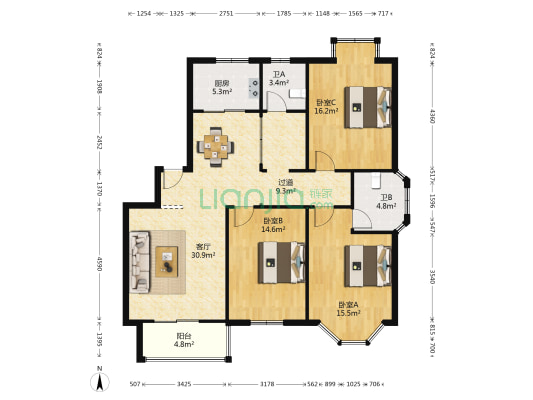 龙飞明珠花园南区 3室1厅2卫 122平方