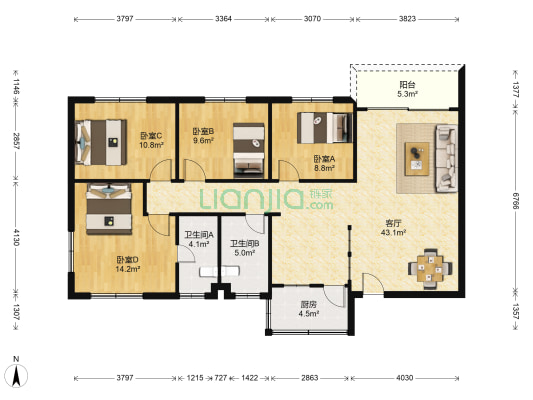 海宇花园 4室1厅2卫 111平方