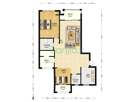 新城香悦半岛 2室1厅2卫 123平方