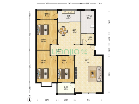 九龙园 3室2厅1卫 155平方