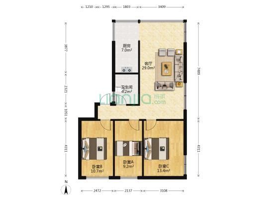 花溪大道北段410号 3室1厅1卫 85平方