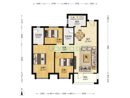 长江凯旋城 3室1厅2卫 104平方