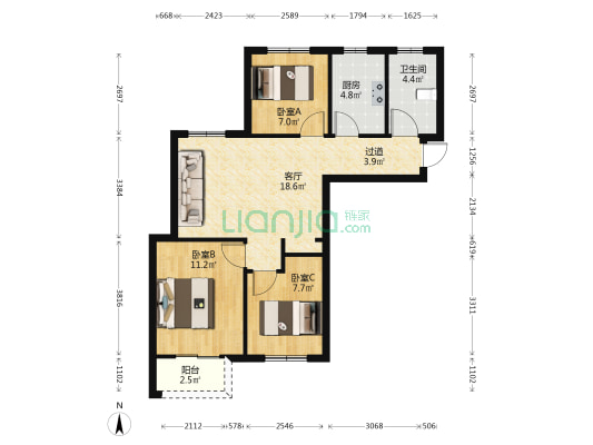 华瑞紫荆西园一期 3室1厅1卫 88平方