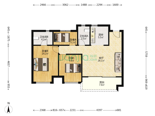 凤栖云筑 3室1厅2卫 95平方