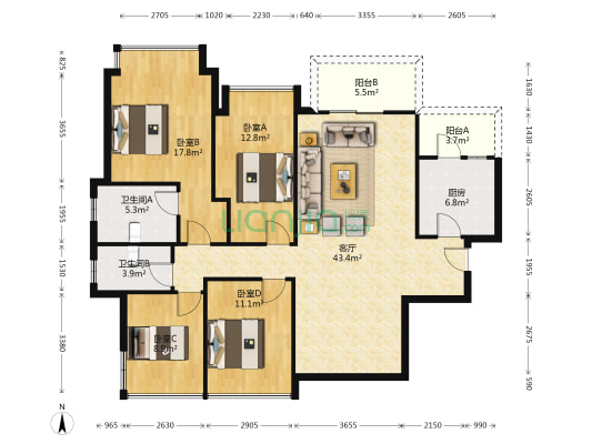 绿地中心云锦468 4室1厅2卫 137平方