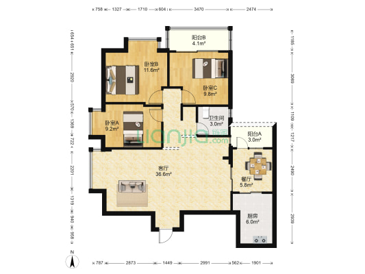 御泉花园 3室2厅1卫 117平方