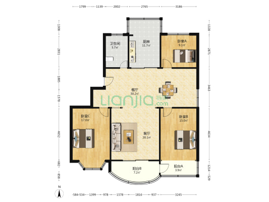 锦绣花园 3室2厅1卫 139平方