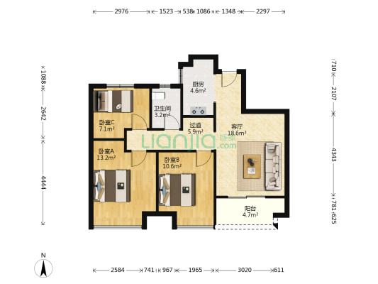 风景晨园 3室1厅1卫 87平方