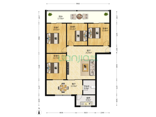 中道街89号 4室2厅1卫 134平方