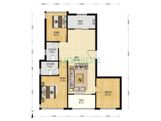 时代滨江上品揽悦园 2室1厅2卫 132平方