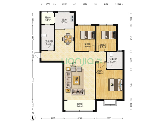 金盾花园 3室1厅2卫 142平方