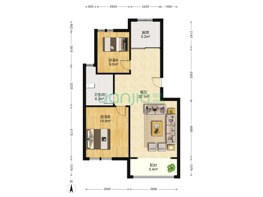 馨河湾 2室1厅1卫 91平方