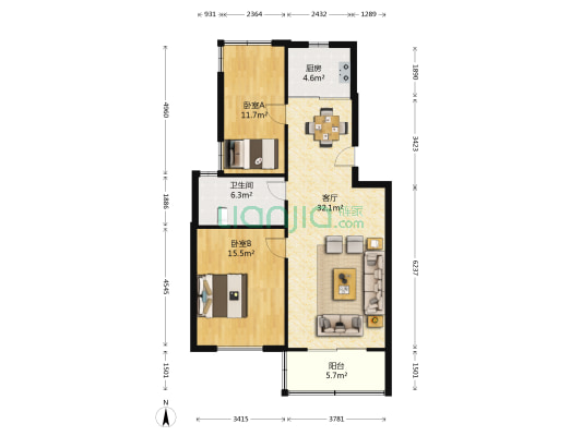  2室1厅1卫 90平方