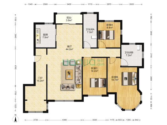 绿地大溪地 3室1厅2卫 157平方