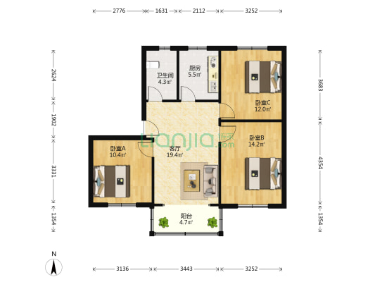 田图苑 3室1厅1卫 85平方