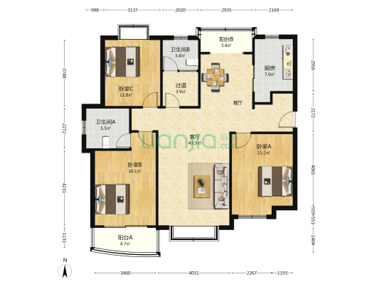 黄兴绿园（东区） 3室1厅2卫 154平方