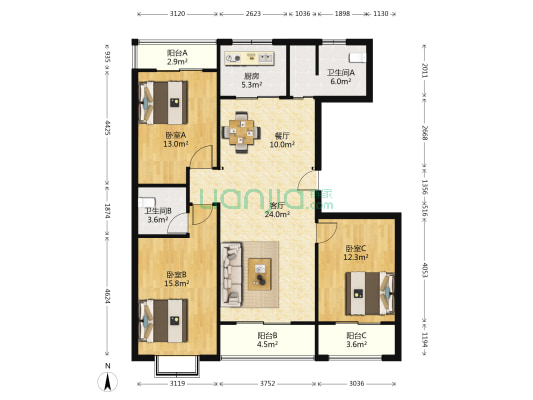 三联望山小区 3室2厅2卫 125平方