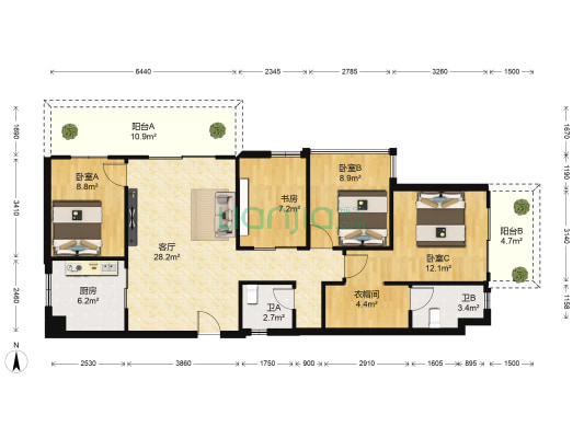 万科城 4室1厅2卫 108平方