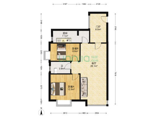 悦府家园 2室1厅1卫 89平方
