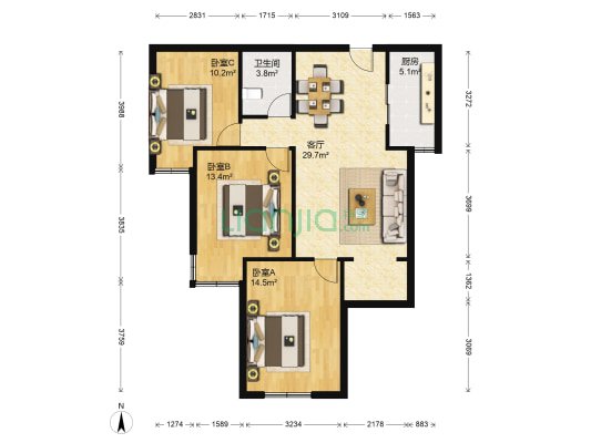 晓廊坊 3室1厅1卫 100平方