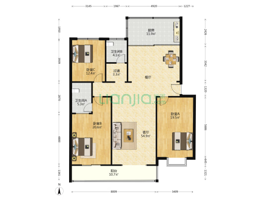 东岸尚景B区 3室1厅2卫 130平方