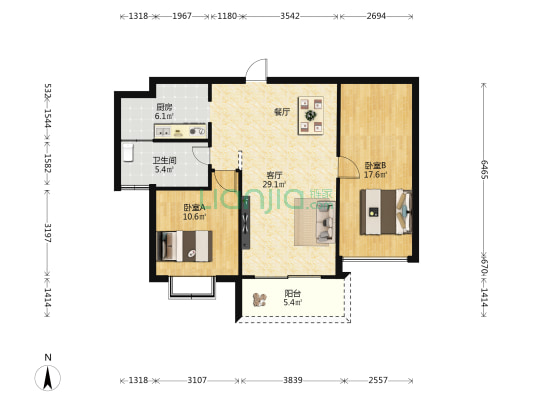 西城1号 2室1厅1卫 85平方